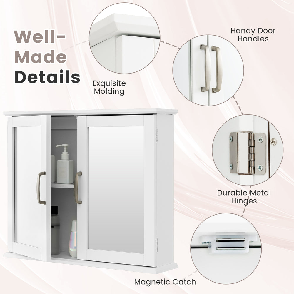 2-tier wall-mounted bathroom cabinet in white with double mirrored doors and metal handles for easy access and storage.