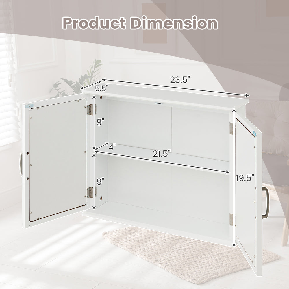 2-tier wall-mounted bathroom storage cabinet dimensions with double mirrored doors and ample space for essentials.