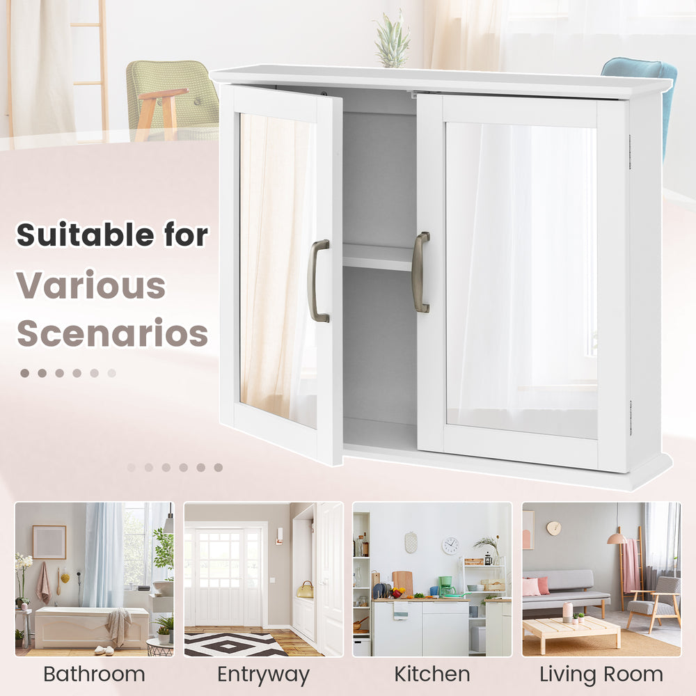 2-tier white wall-mounted mirror storage cabinet with double mirrored doors, ideal for bathroom organization and.