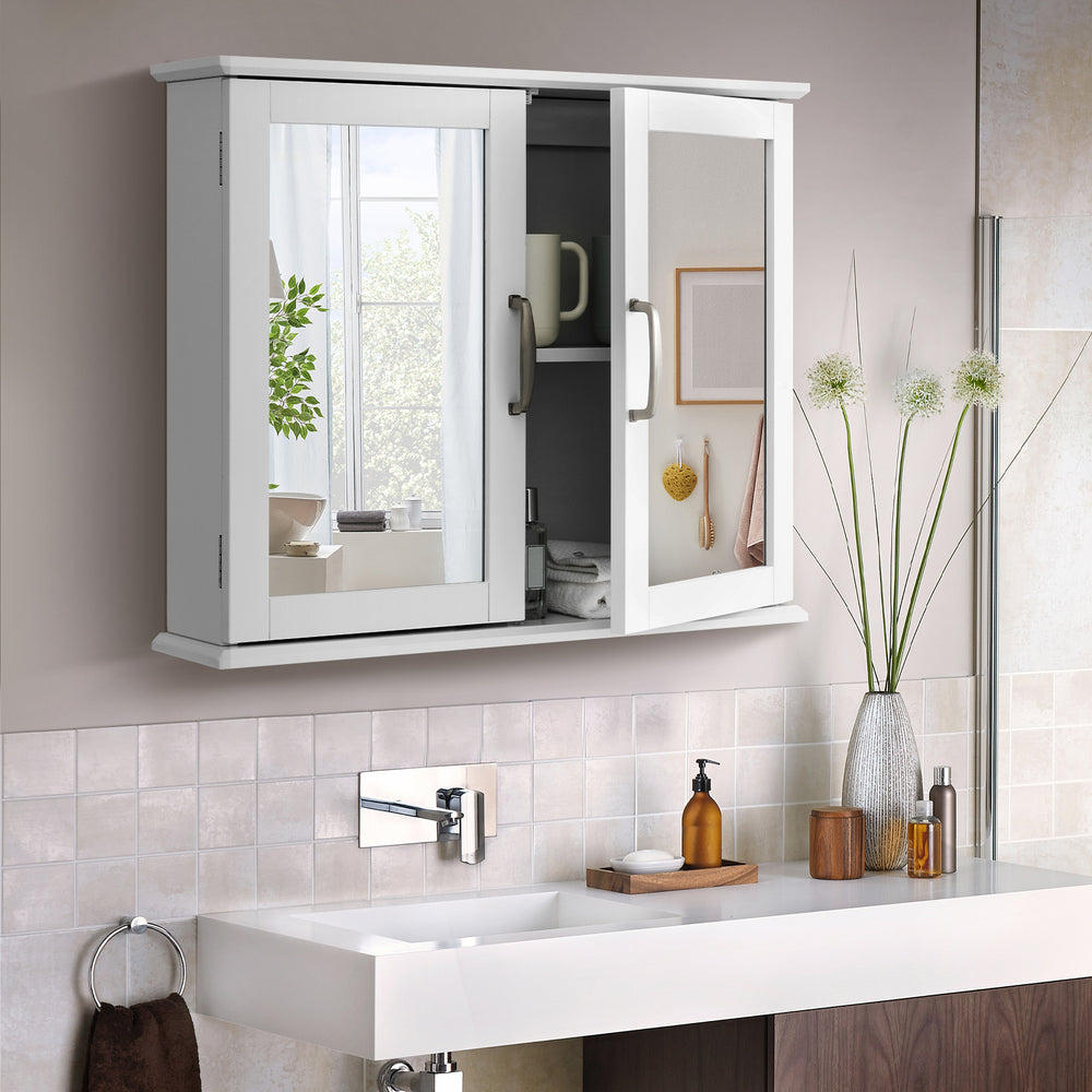 Close-up view of the double mirrored doors on the white 2-tier bathroom wall-mounted cabinet with metal handles.