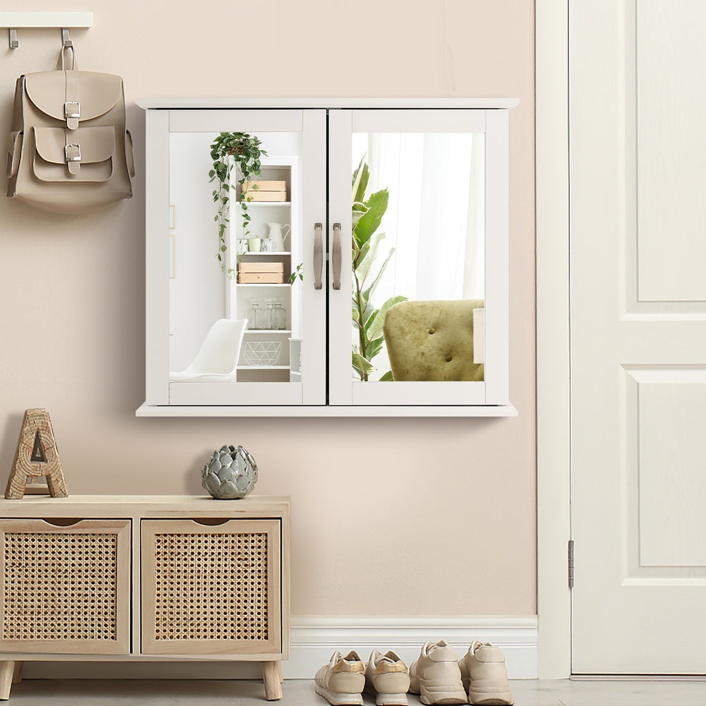 Wall-mounted 2-tier bathroom storage cabinet in white with double mirrored doors, ideal for cosmetics and essentials.