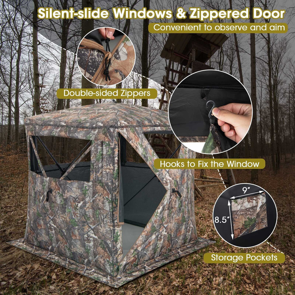 Portable 2-3 person hunting blind with silent-slide windows, zippered door, and storage pockets for easy setup and.