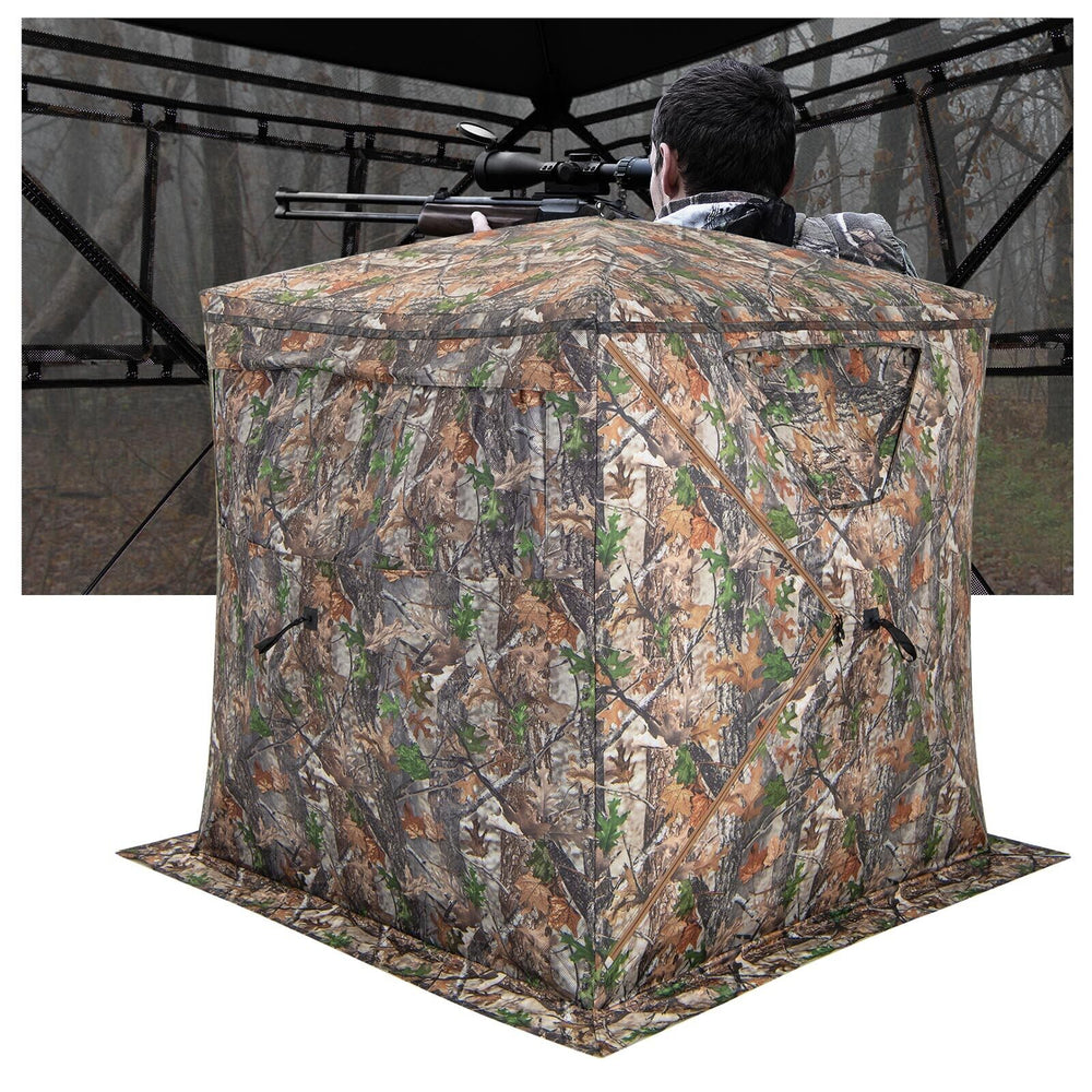 Portable 2-3 person hunting blind with camouflage design, featuring multiple windows and easy setup for outdoor use.