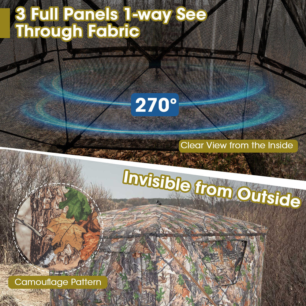 Portable pop-up hunting blind with 270° one-way see-through fabric, camouflage pattern, and spacious design for 2-3.