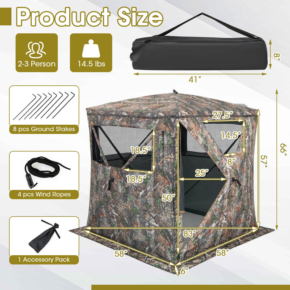 Portable pop-up hunting blind for 2-3 persons, featuring camouflage design, multiple windows, and carrying bag.