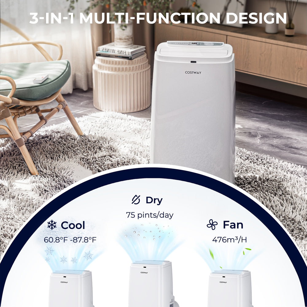 12000 BTU portable air conditioner in white, featuring cooling, dehumidifying, and fan modes for spaces up to 450 sq.ft.