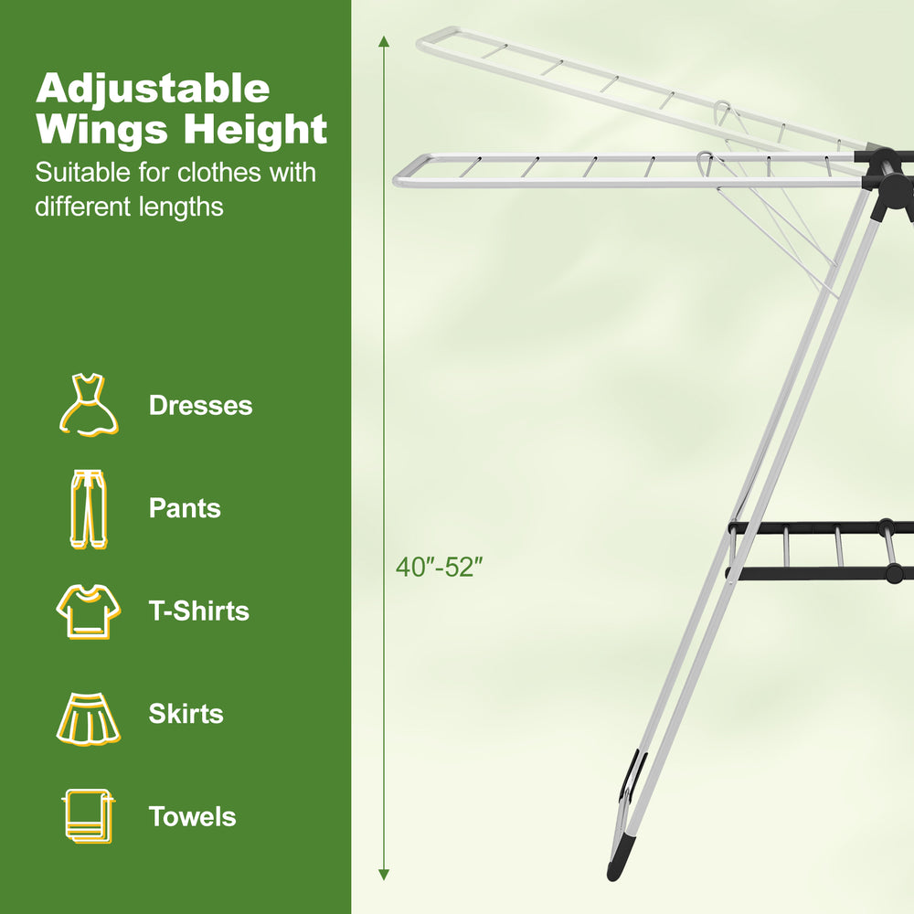 2-tier laundry drying rack with adjustable wings height, aluminum frame, suitable for dresses, pants, and towels.