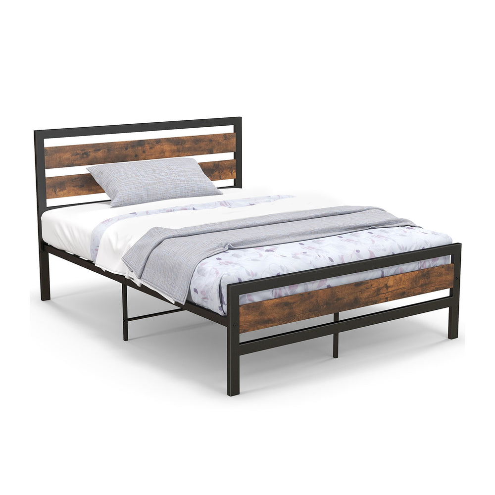 Full/Queen industrial bed frame with rustic headboard and footboard, featuring noise-free slats and 12" under-bed.