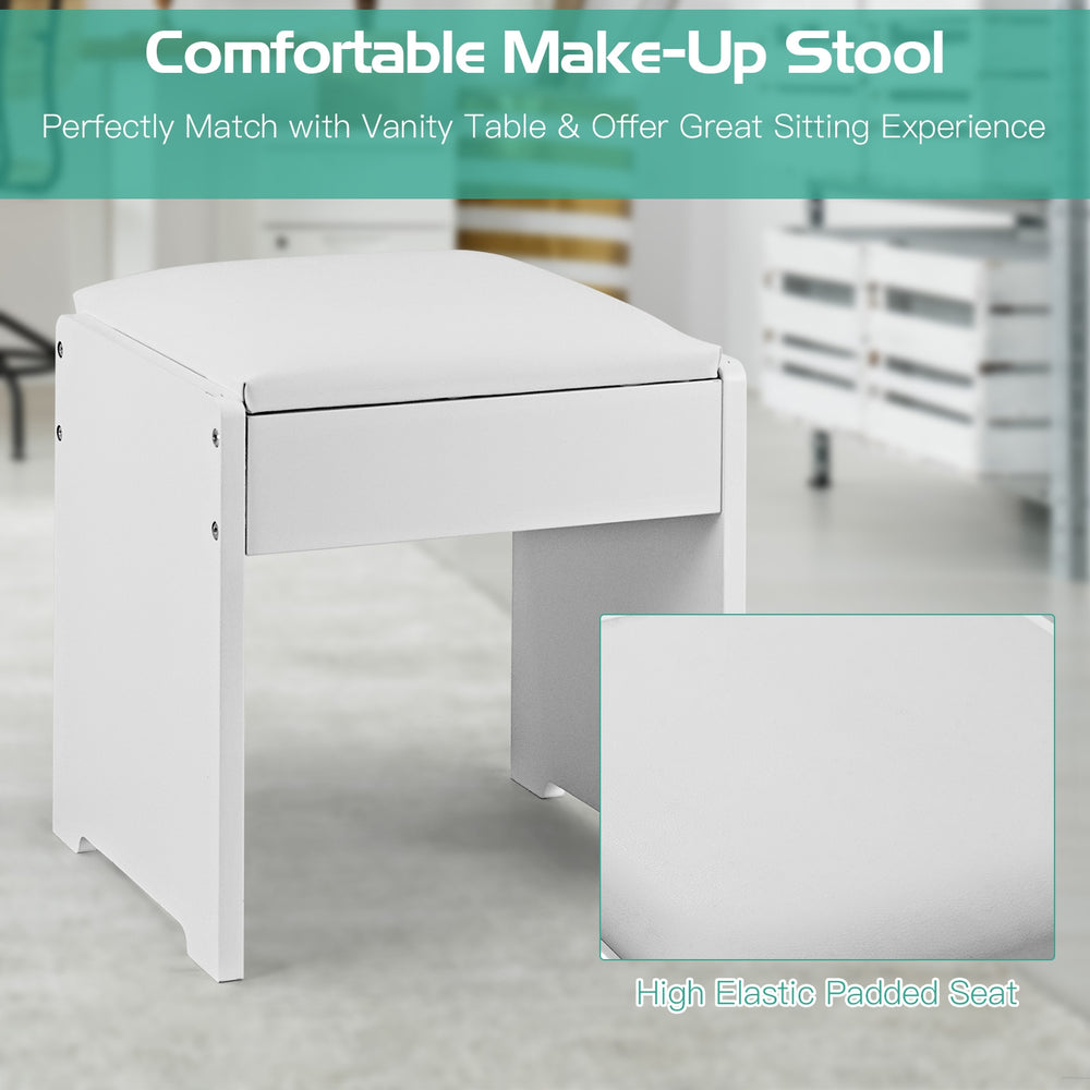 Cushioned makeup stool in white, designed to match vanity table for comfortable seating while applying cosmetics.