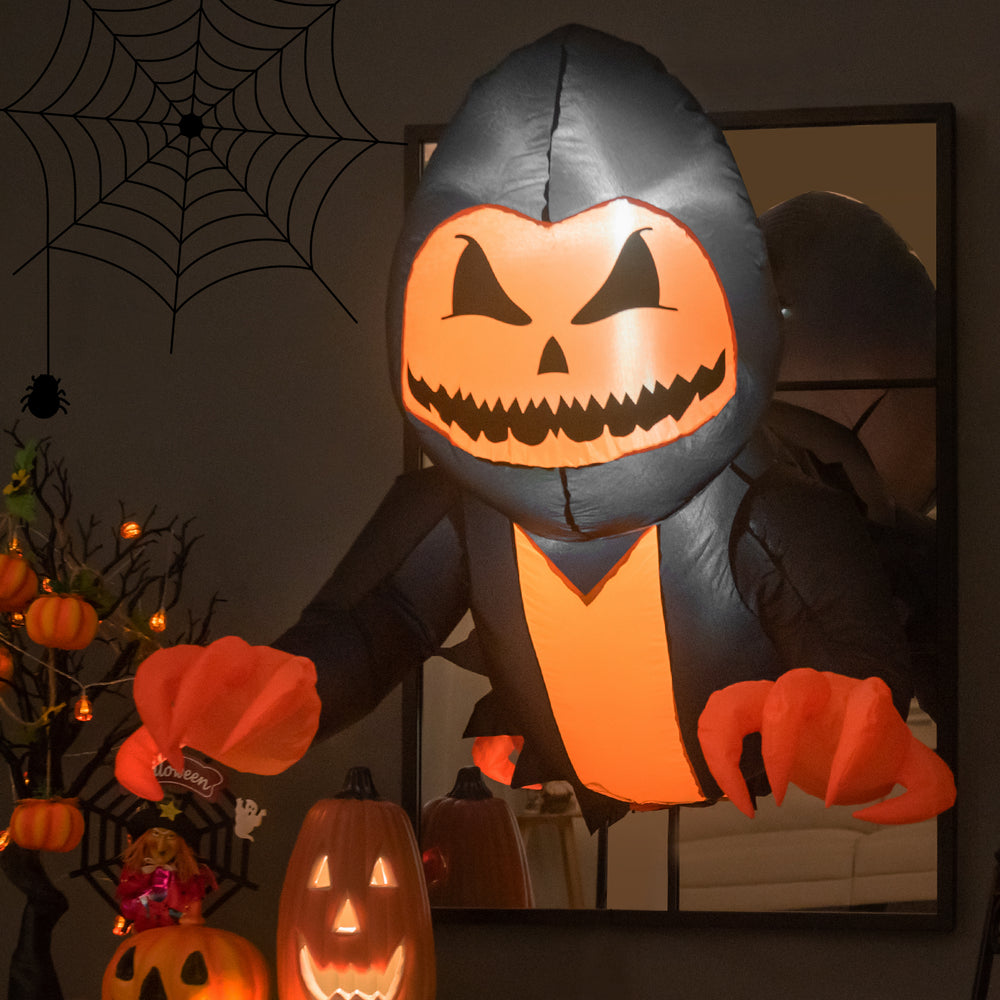 3.3ft inflatable pumpkin head ghost with LED lights, perfect for Halloween decorations in windows or yards.