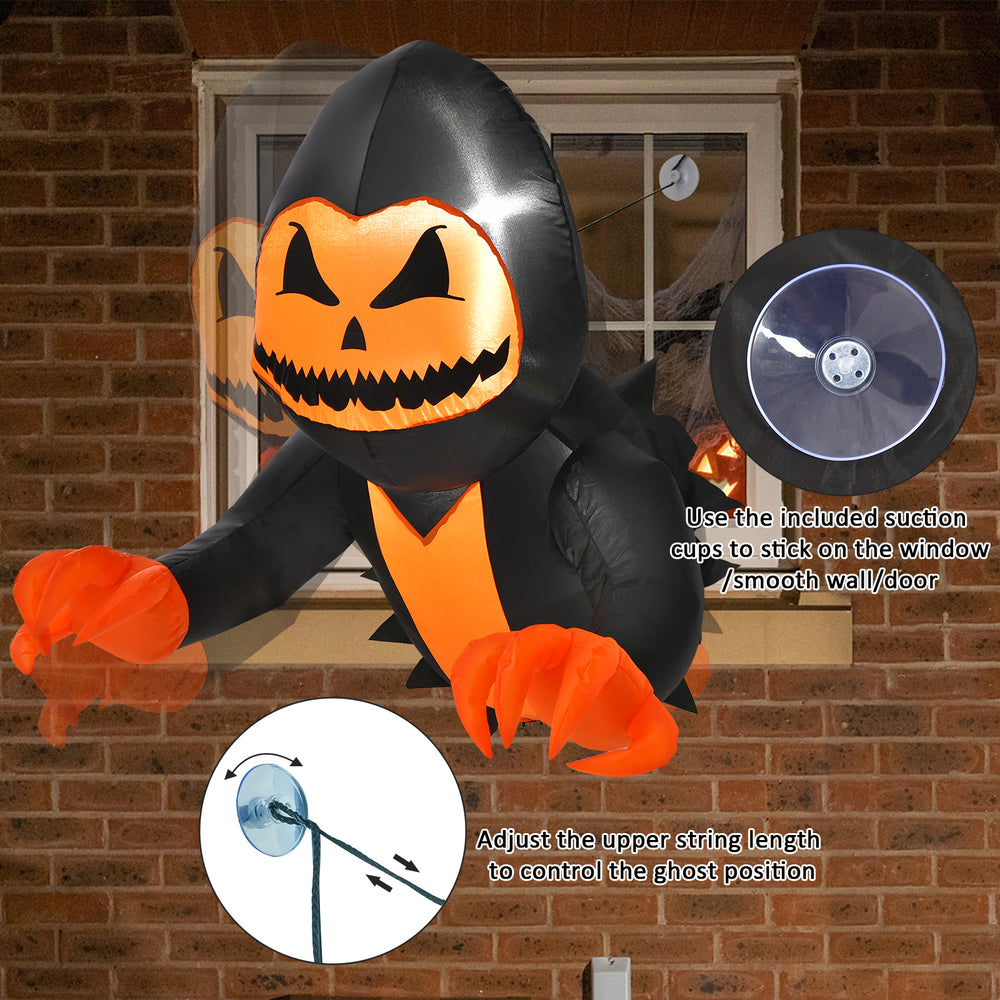 Inflatable 3.3ft pumpkin head ghost decoration with LED lights, perfect for Halloween window displays and spooky.