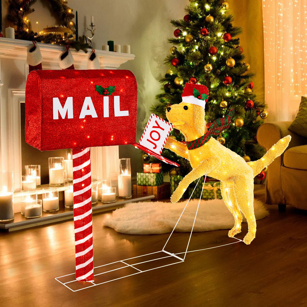 3.5 ft Christmas mailbox with a dog wearing a Santa hat, illuminated by 120 warm white LED lights for festive decor.