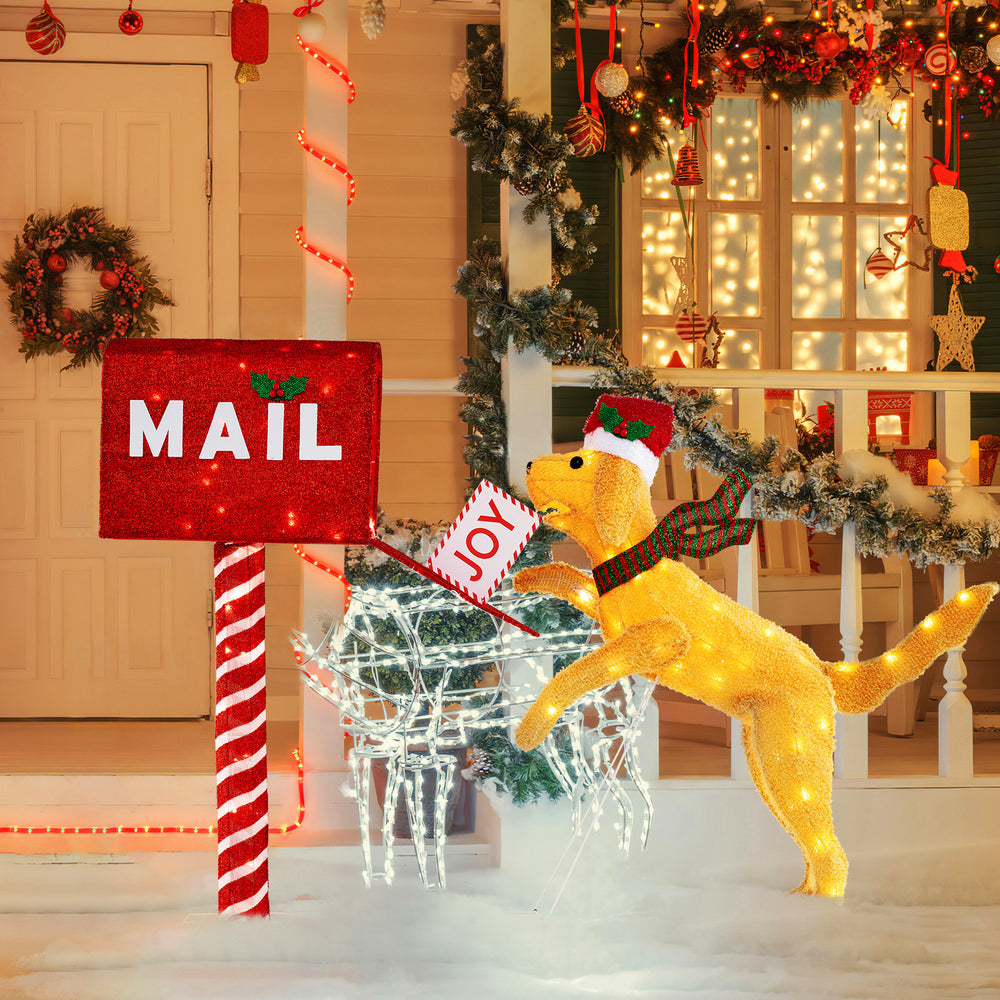 Christmas mailbox with a dog wearing a Santa hat, illuminated by 120 warm white LED lights for festive outdoor decor.