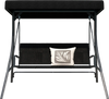 Black 3-person porch swing with sturdy metal frame and rattan seat, designed for backyard comfort and shared enjoyment.