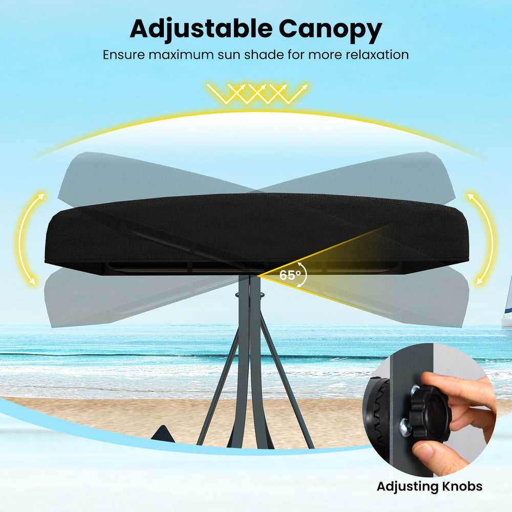 Adjustable 65° canopy of the 3-person porch swing provides sunshade for outdoor relaxation with a sturdy metal frame.