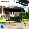 3-person porch swing with adjustable canopy, rattan seat, and robust metal frame for outdoor relaxation.