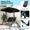 3-person porch swing with adjustable canopy, black rattan seat, and sturdy metal frame for outdoor relaxation.