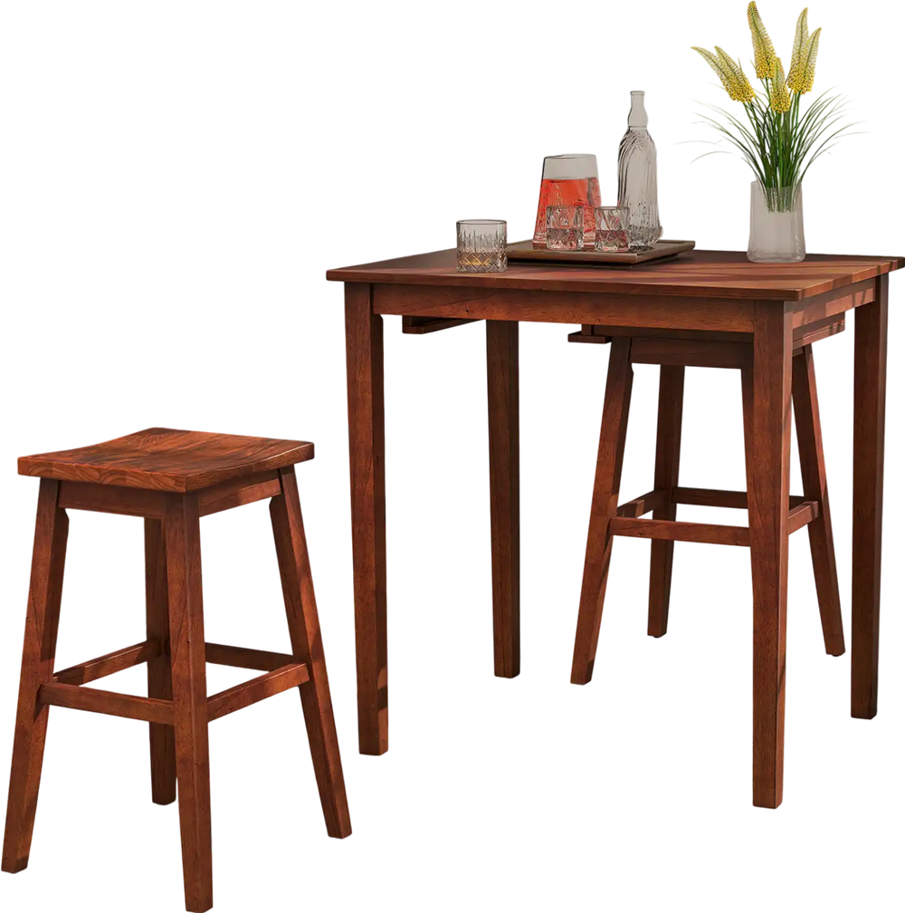 3-piece espresso bar table set featuring a sturdy pub table and two saddle stools, perfect for small spaces.