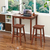 3-piece espresso bar table set featuring a solid rubber wood frame, curved saddle stools, perfect for small spaces.