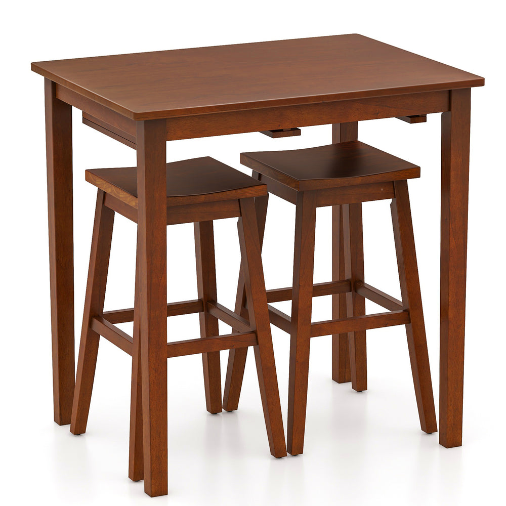 3-piece bar table set in espresso with a solid rubber wood frame, featuring a pub table and 2 saddle stools for small.