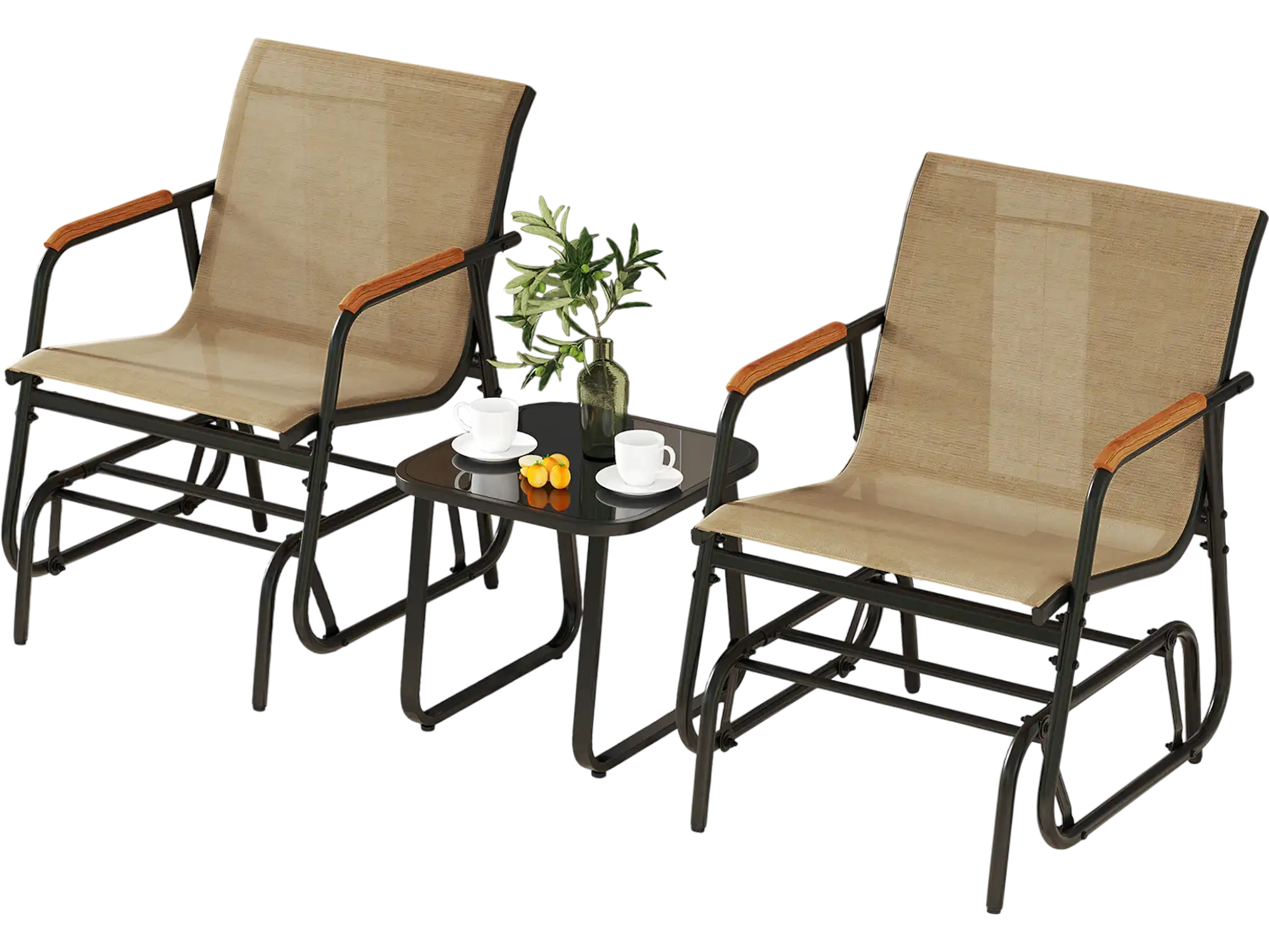 Costway 3-Piece Outdoor Glider Bistro Set Tempered Glass Metal Frame Coffee 849321756 New