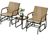 Two glider chairs with teak wood armrests and a tempered glass table, perfect for outdoor relaxation in any setting.