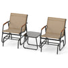 Two glider chairs with teak wood armrests and a tempered glass top table, perfect for outdoor patio relaxation.