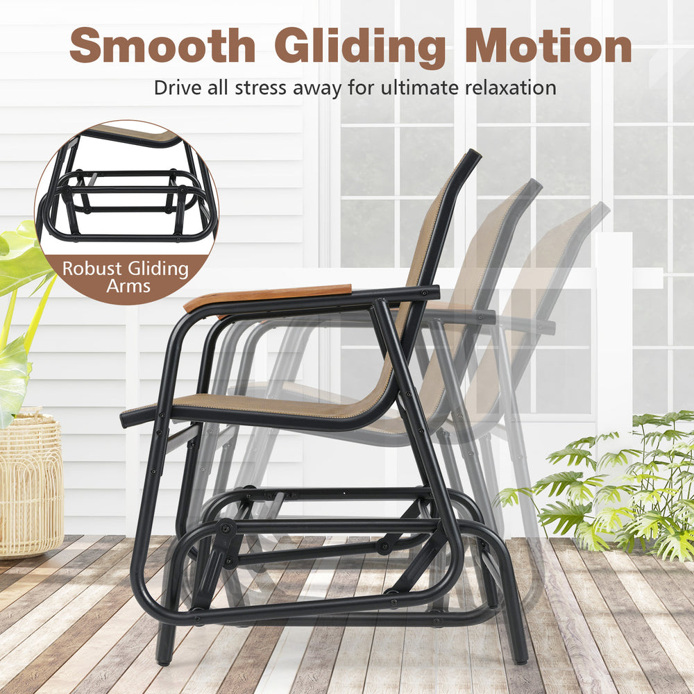 3-piece outdoor glider bistro set with smooth gliding motion, metal frame, and teak wood armrests for backyard.