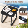 Stylish side table with black tempered glass tabletop and metal frame, ideal for outdoor patio use.