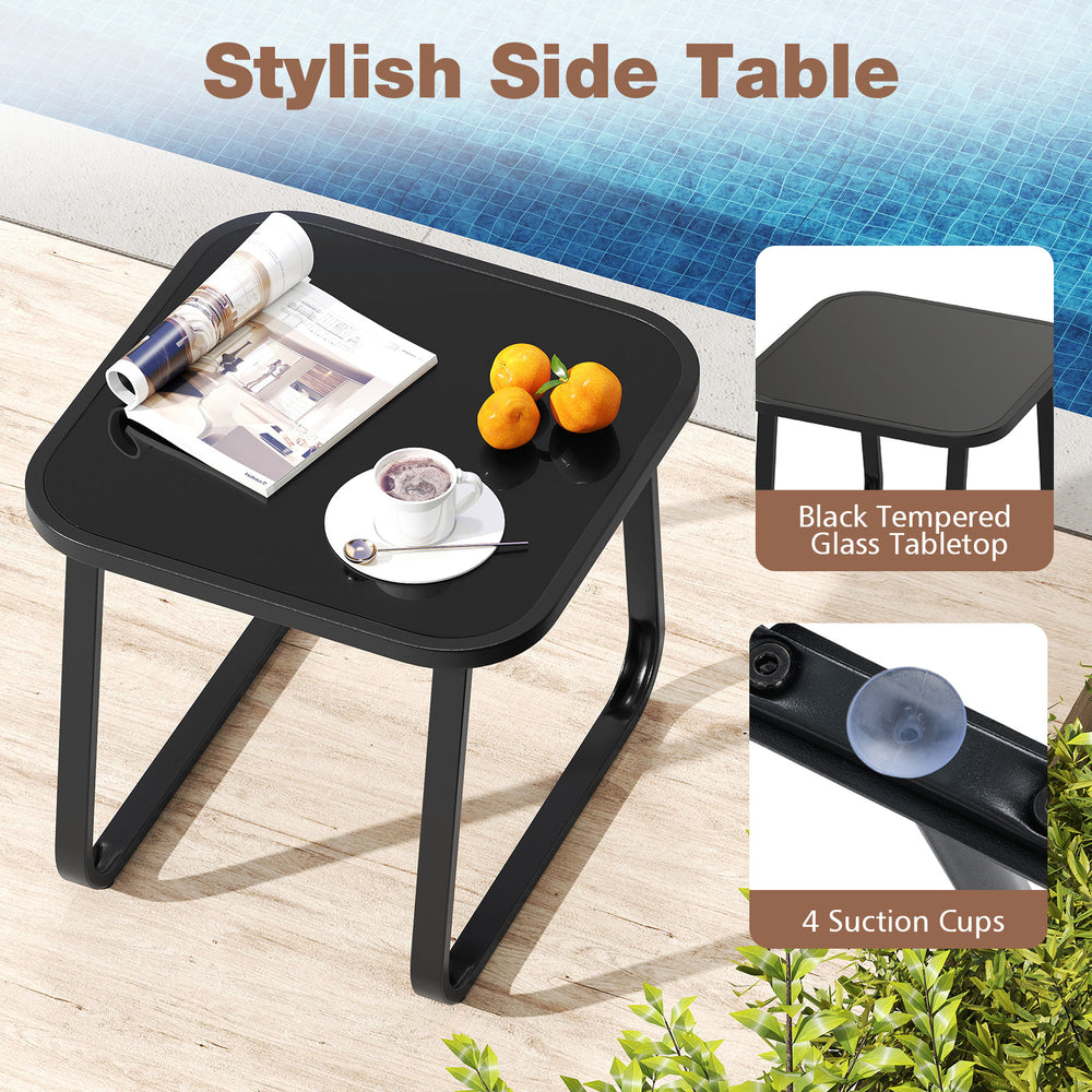 Stylish side table with black tempered glass tabletop and metal frame, ideal for outdoor patio use.