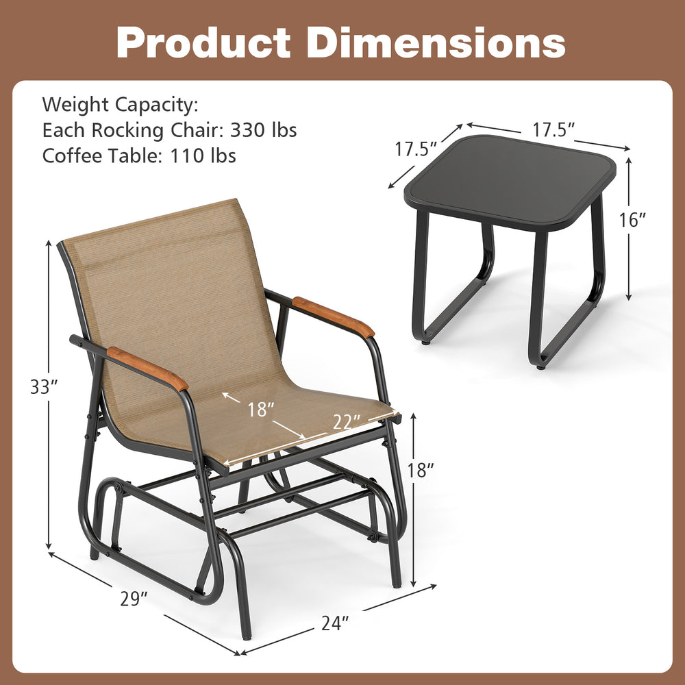 Dimensions of the 3-piece outdoor glider bistro set, featuring a coffee table and rocking chair measurements.