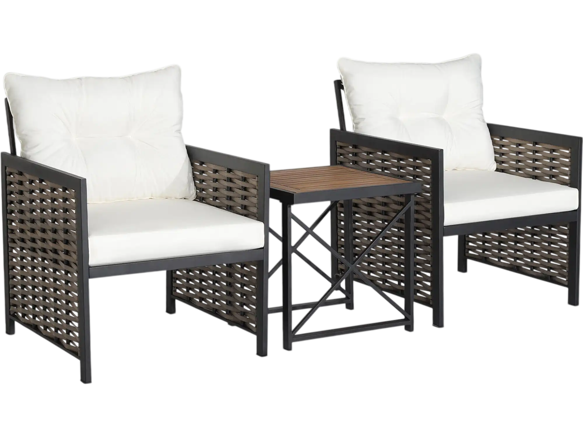 Costway 3-Pc Patio Rattan Furniture Set Acacia Wood Table White 75243896 New