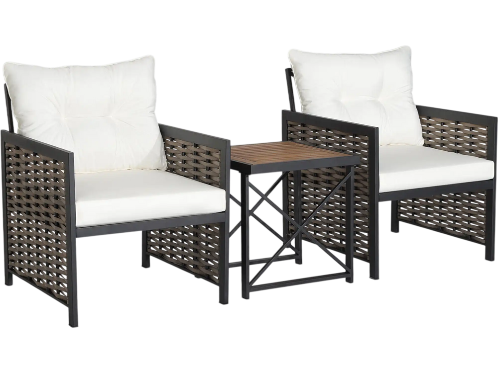 Two ergonomic patio chairs with white cushions and a stylish acacia wood tabletop, perfect for outdoor relaxation.