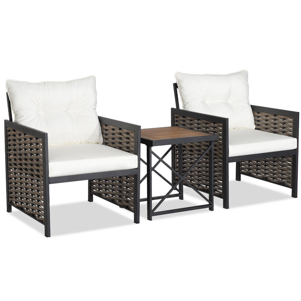 3 Pieces Patio Rattan Furniture Set with Acacia Wood Tabletop-White - Gallery View 1 of 9