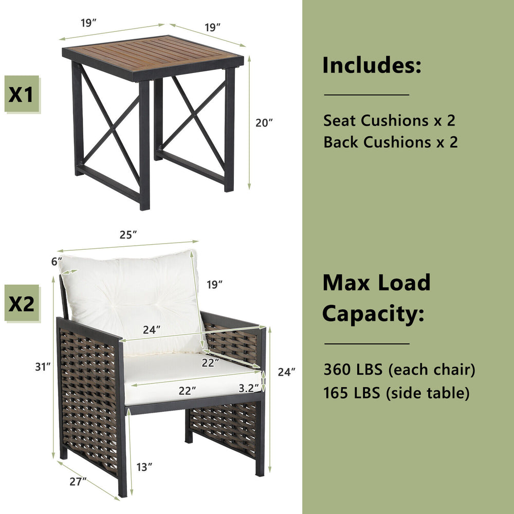 Patio rattan furniture set featuring a white chair with soft cushions and an acacia wood tabletop, perfect for outdoor.