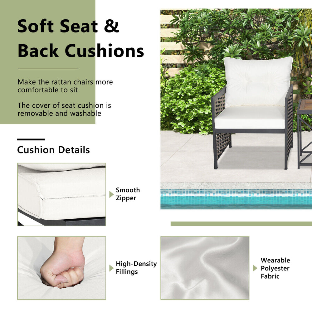Single chair with soft white seat and back cushions, featuring hand-woven PE rattan for outdoor patio comfort.