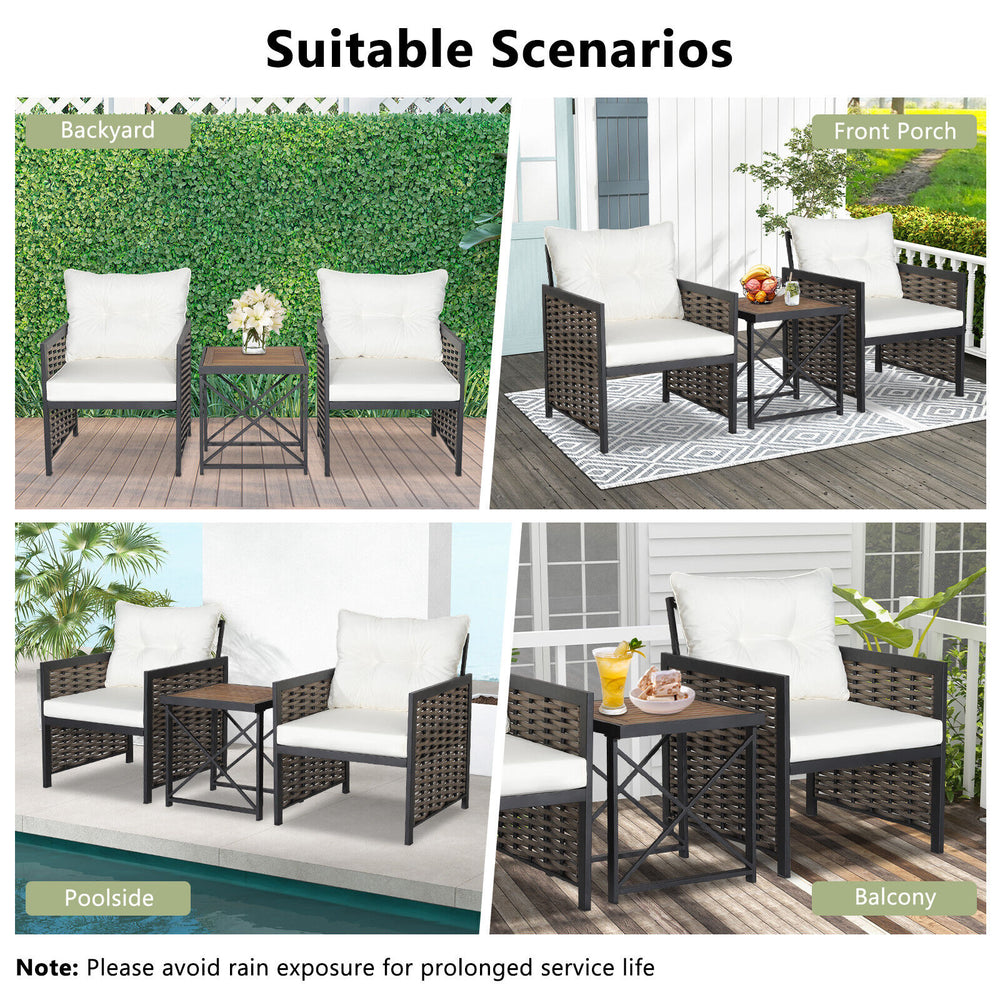 3-piece patio rattan furniture set featuring two chairs and an acacia wood tabletop, ideal for backyard or poolside use.