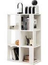 Freestanding 3-tier white bookcase with 6 open compartments, featuring an asymmetric design for versatile home storage.