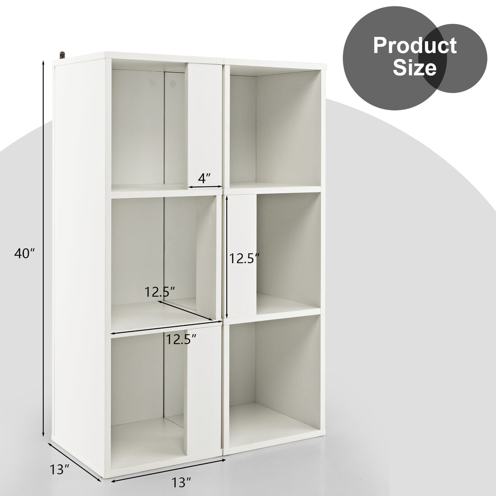 Freestanding 3-tier bookcase in white with 6 open compartments, featuring an anti-toppling device for stability.