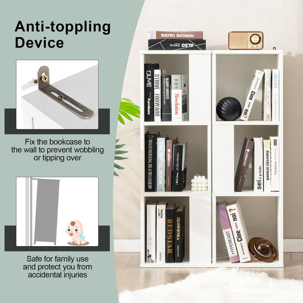 3-tier 6 cube freestanding bookcase in white with anti-toppling device, ideal for living room or kid's room storage.