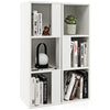 White 3-tier bookcase with 6 open compartments, featuring an asymmetric design and anti-toppling device for stability.