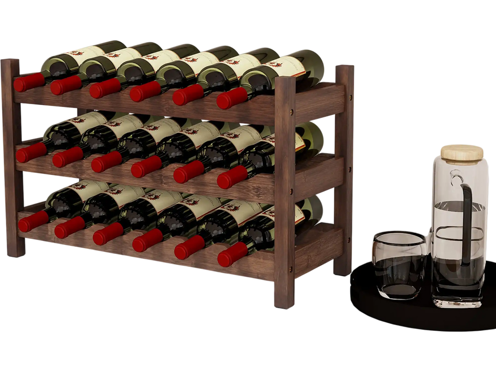 3-tier bamboo wine bottle organizer holding 18 bottles, featuring wave slots for stability, suitable for kitchen or bar.