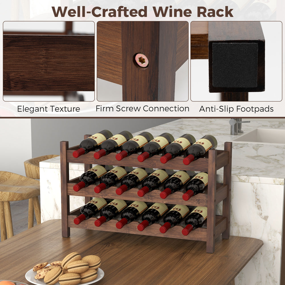 3-tier bamboo wine rack holding 18 bottles, featuring wave slots and anti-slip footpads for kitchen or bar use.
