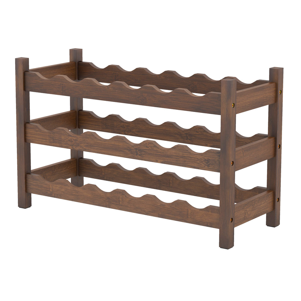 3-tier bamboo wine bottle organizer with wave slots, holds 18 bottles, ideal for kitchen or bar use.