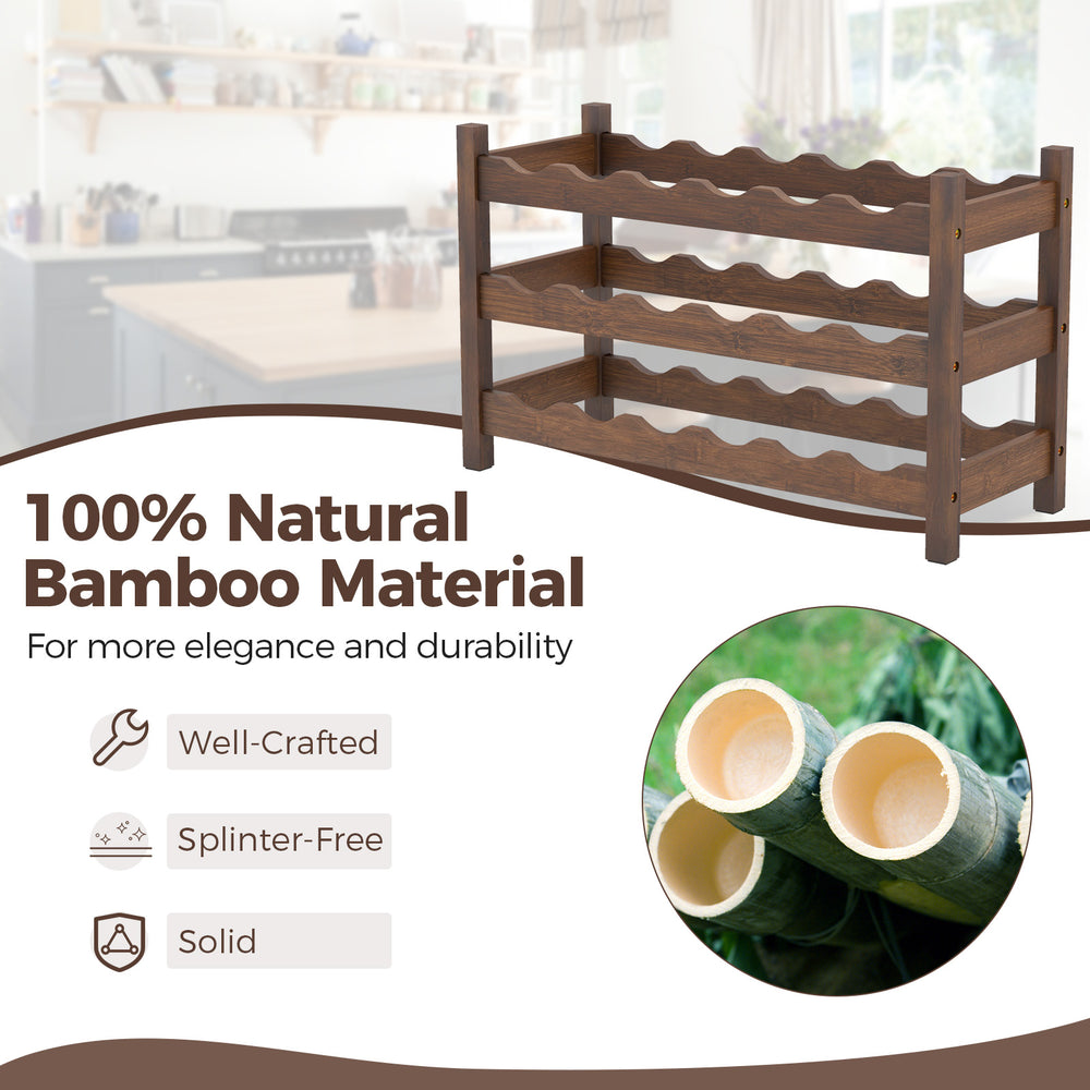 3-tier bamboo countertop wine bottle organizer with wave slots, holds 18 bottles, ideal for kitchen or bar use.