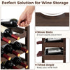 3-tier bamboo wine bottle organizer with wave slots, holding 18 bottles tilted for freshness, ideal for kitchen or bar.
