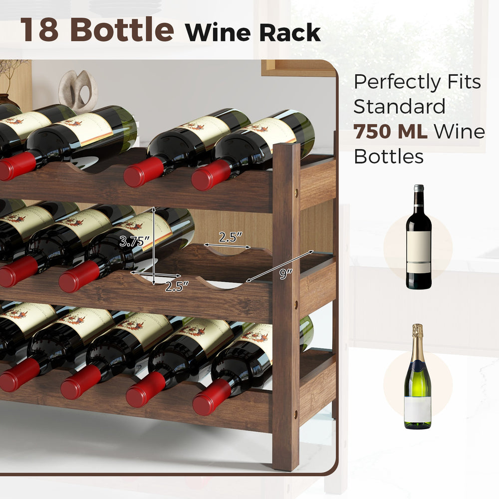 3-tier bamboo wine rack holding 18 bottles, featuring wave slots for stability and anti-slip footpads for surface.