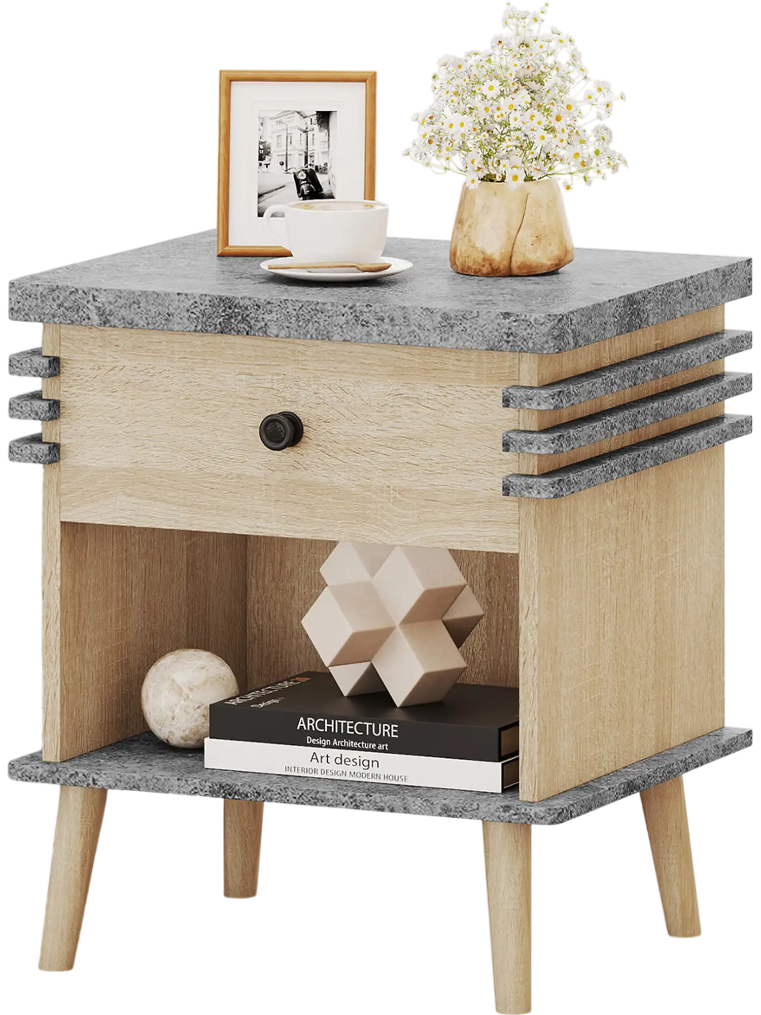 Costway 3-Tier Bedside Nightstand Side Table Faux Marble Top 863914752 New