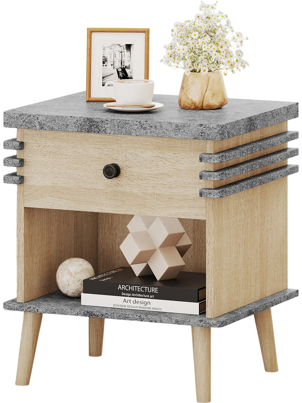 Bedside table featuring a wide antique grey faux marble top and a sleek design, perfect for stylish storage solutions.