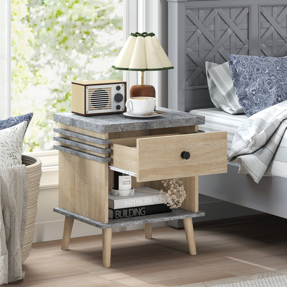 Bedside table with open shelf and drawer, featuring antique grey faux marble top and sturdy rubber wood legs for.